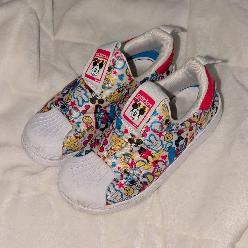 adidas Kids Mickey Print Slip-On Sneakers in White, Pink, Blue, Yellow